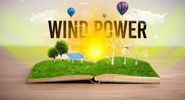Open Book Wind Power Inscription Renewable Energy Concept — Stock Photo, Image