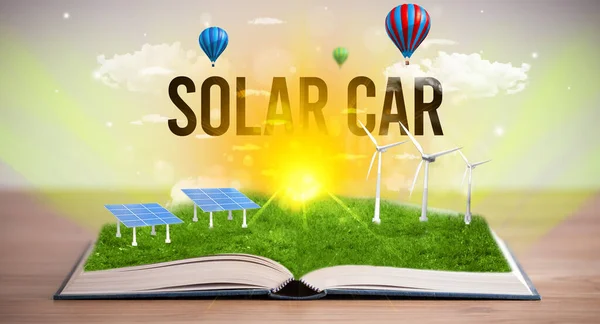 Open Book Solar Car Inscription Renewable Energy Concept — Stock Photo, Image