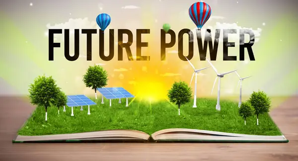 Open Boek Met Future Power Inscriptie Concept Hernieuwbare Energie — Stockfoto