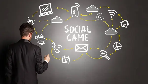Businessman Drawing Social Media Icons Social Game Inscription New Media — Stock Photo, Image
