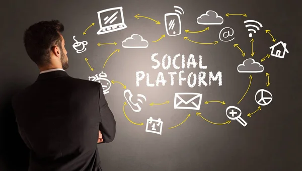 Geschäftsmann Zeichnet Social Media Ikonen Mit Social Platform Aufschrift New — Stockfoto