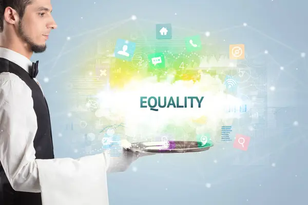 Waiter Serving Social Networking Concept Equality Inscription — Stock Photo, Image