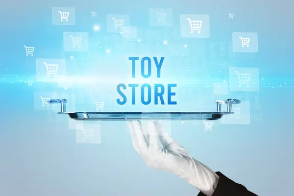 Waiter Serving Toy Store Inscription Online Shopping Concept — Stock Photo, Image