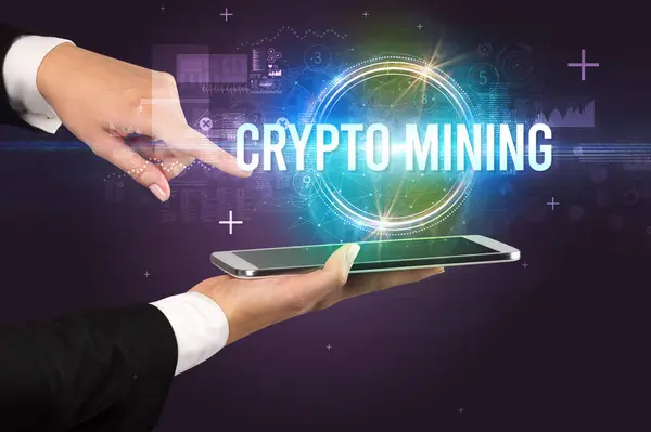 Zbliżenie Ekranu Dotykowego Napisem Crypto Mining Koncepcja Nowej Technologii — Zdjęcie stockowe