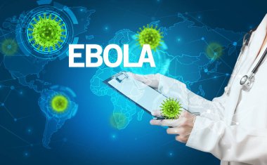 Doktor EBOLA yazıtları ve viroloji konseptiyle tıbbi kayıtları dolduruyor.