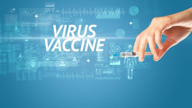 Virüs aşısı ile şırınga iğnesi ve VIRUS VACCINE yazıtları, panzehir konsepti