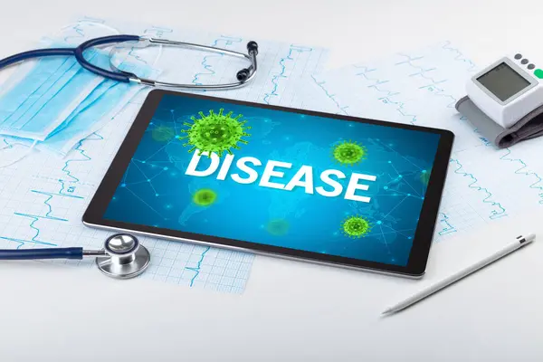 Widok Bliska Tabletu Napisem Disease Koncepcja Mikrobiologii — Zdjęcie stockowe