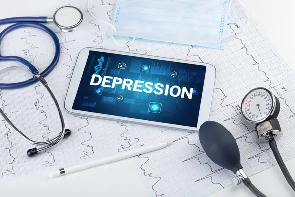 Tablet Materiale Medico Con Iscrizione Depressione Concetto Prevenzione — Foto Stock