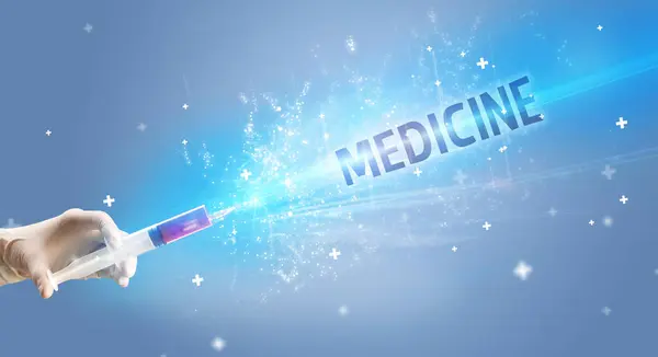 Spritze Medizinische Injektion Der Hand Mit Medizin Aufschrift Medizinisches Gegenmittel — Stockfoto