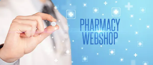Pharmacy Web Dükkanı Yazıtları Tıbbi Konsept Ile Ilaç Veren Bir — Stok fotoğraf