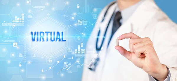 Doctor Giving Pill Virtual Inscription New Technology Solution Concept — Stock Photo, Image