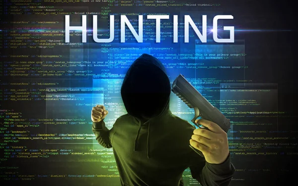 Faceless Hacker Hunting Inscription Binary Code Background — Stock Photo, Image