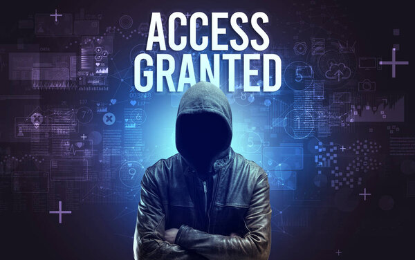 Безликий человек с надписью ACCESS GRANTED, концепция онлайн безопасности