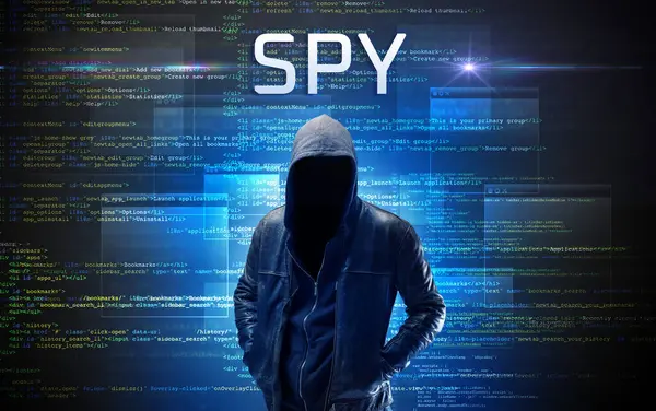 Faceless Hacker Spy Inscription Binary Code Background — Stock Photo, Image
