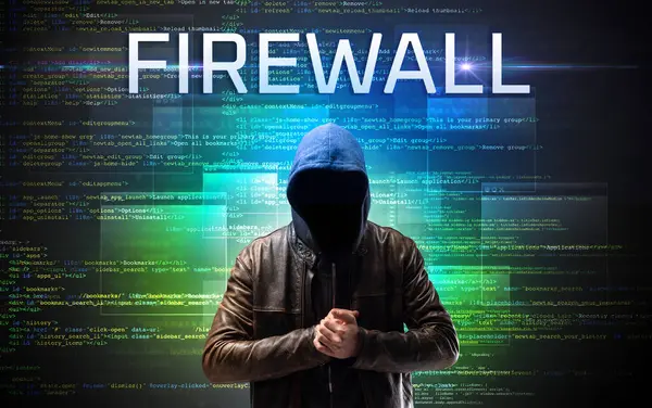 Faceless Hacker Firewall Inscription Binary Code Background — Stock Photo, Image