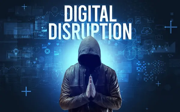 Homem Sem Rosto Com Inscrição Digital Disruption Conceito Segurança Online — Fotografia de Stock