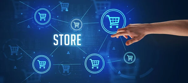 Närbild Beskuren Hand Pekar Store Inskription Online Shopping Koncept — Stockfoto