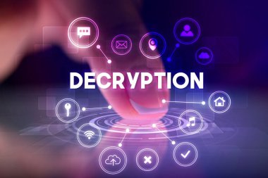 Web teknolojisi simgeleri ve Şifre çözme yazıt, web teknolojisi kavramı ile parmak dokunma tablet