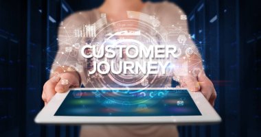 Tablet üzerinde çalışan genç iş adamı ve yazıyı gösteriyor: CUSTOMER JOURNEY, iş konsepti