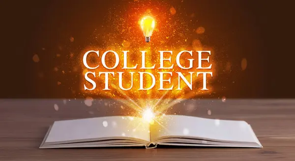 COLLEGE STUDENT inscription coming out from an open book, educational concept