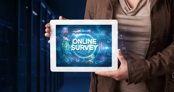 Young Business Person Working Tablet Shows Inscription Online Survey Business — Stock Photo, Image