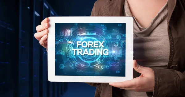 Young Business Person Working Tablet Shows Inscription Forex Trading Business — Stock Photo, Image