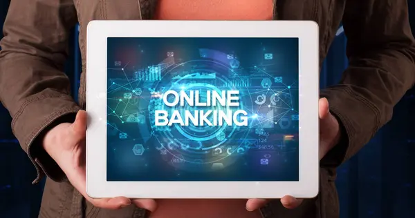 Young Business Person Working Tablet Shows Inscription Online Banking Business — Stock Photo, Image