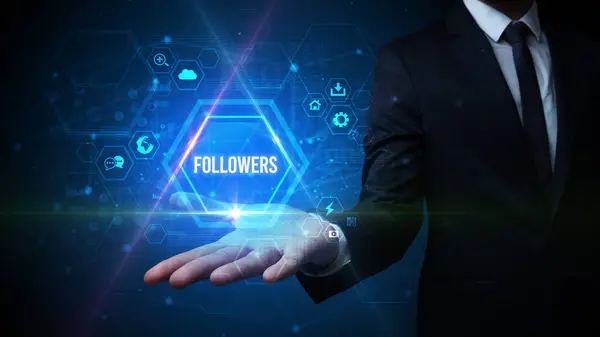 Man Hand Holding Followers Inscription Social Media Concept — Stock Photo, Image