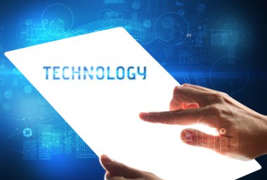 El işi fütüristik tablet TECHNOLOGY yazması, yeni teknoloji konsepti