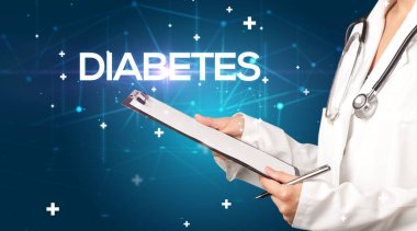 Doktor tıbbi kayıtları DIABETES yazıtları ve tıbbi konseptle dolduruyor.