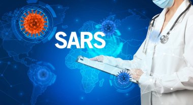 Doktor tıbbi kayıtları SARS yazıtları ve viroloji konseptiyle dolduruyor.