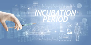 Virüs aşısı ile şırınga iğnesi ve INCUBATION PeriOD yazıt, panzehir konsepti