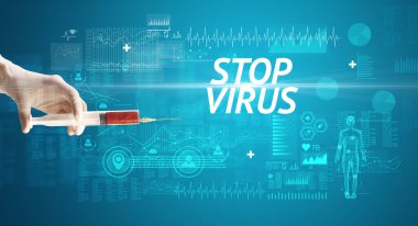 Şırınga iğnesi ile virüs aşısı ve STOP VIRUS yazıtları, panzehir konsepti