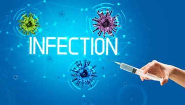 Şırınga, elinde INFECTION yazısıyla tıbbi enjeksiyon, koronavirüs aşısı konsepti