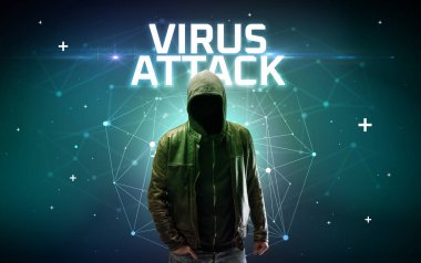 VIRUS HATTACK yazıtlı gizemli hacker, çevrimiçi saldırı konsepti