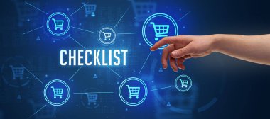 ChECKLIST yazıtına işaret eden kırpılmış elin yakın çekimi, çevrimiçi alışveriş kavramı