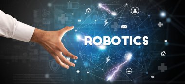 ROBOTICS yazıtlarına el işareti, modern teknoloji kavramı