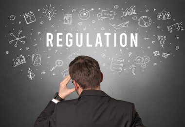 Bir işadamının arka görüşü. Yazıt, modern iş konsepti.