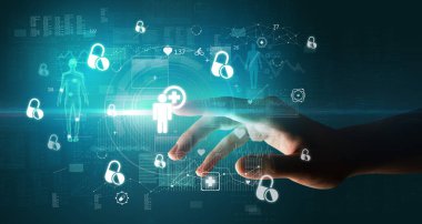 Doktor el, ekranda sağlık çalışanı sembolü olan fütüristik sağlık cihazına baskı yapıyor. Fütürist bir kavram.