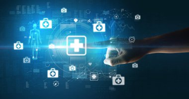 Doktor el, ekranda ilk yardım sembolü olan fütüristik sağlık aygıtı, fütüristik kavram