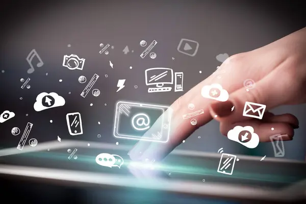 stock image Close-up of a touchscreen with hand drawn fast mail icons, digital era concept