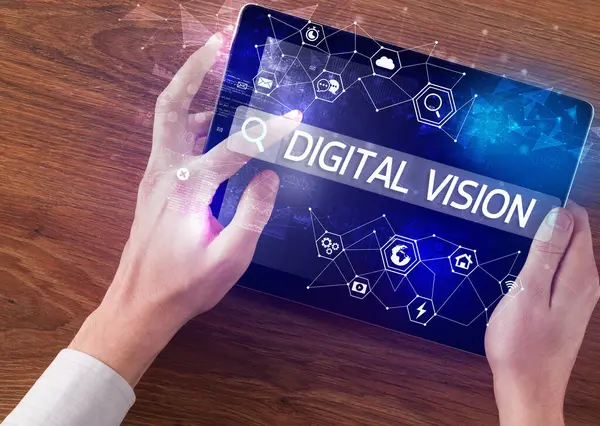 Dijital VISION yazıtları, yüksek teknoloji hesaplama kavramını arayan bir tabletin yakın plan görüntüsü