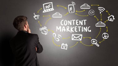 İçerik MarkeTING yazısına sahip sosyal medya simgeleri çizen işadamı, yeni medya kavramı