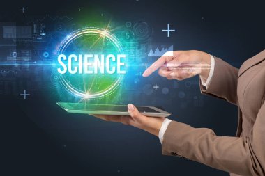 Bilimsel yazıtlı bir dokunmatik ekran, yeni teknoloji konsepti