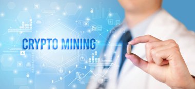 Doktor CRYPTO MINING yazıtlı bir hap veriyor, yeni teknoloji çözüm konsepti