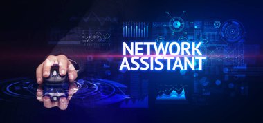 NETworK ASSISTANT yazıtlı, modern teknoloji konseptiyle el ele tutuşmak