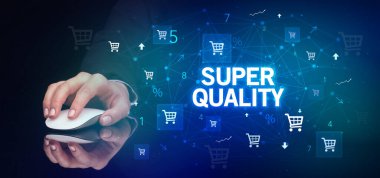 El ele tutuşan kablosuz çevre. Üstün nitelikli yazı, online alışveriş konsepti.