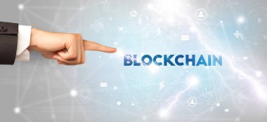 BLOCKCHAIN yazıtlarına el işareti, modern teknoloji kavramı