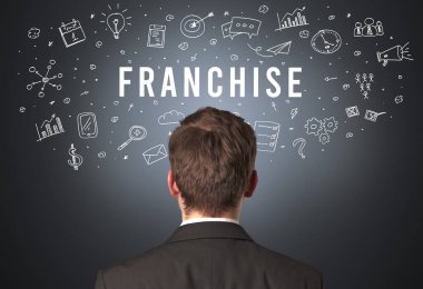 FRANCHISE yazıtları, modern iş konsepti olan bir işadamının arka görüşü