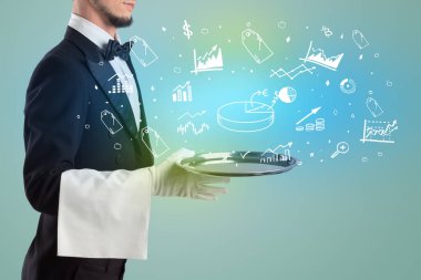 Smokinli yakışıklı garson, elinde para birimi pasta tablosu simgeleri, küresel piyasa konsepti.